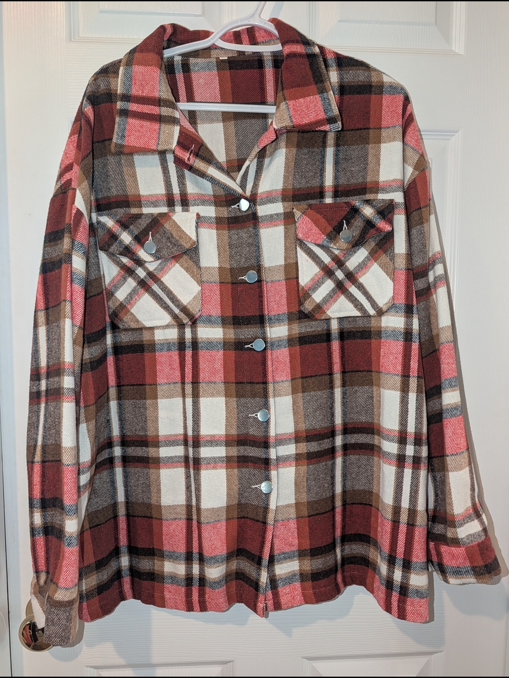 Plaid Button-Front Shacket in Red and Brown